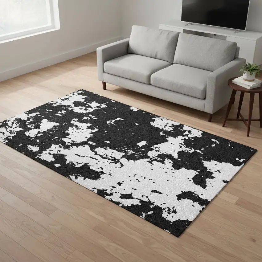 Black And White Abstract Washable Area Rug With UV Protection Photo 2