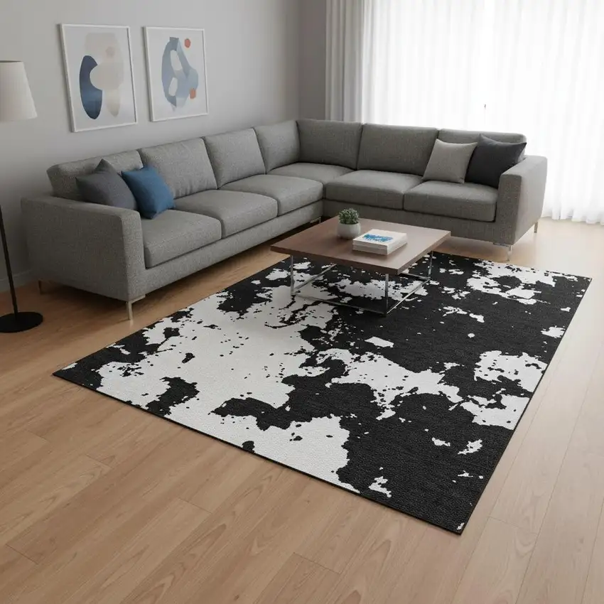 Black And White Abstract Washable Area Rug With UV Protection Photo 2