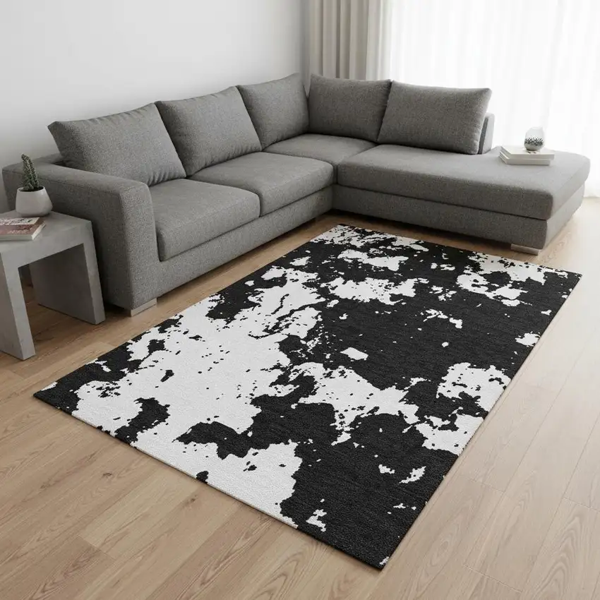 Black And White Abstract Washable Area Rug With UV Protection Photo 2