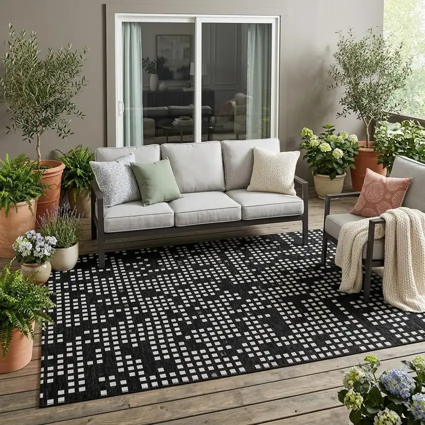Black And White Abstract Washable Indoor Outdoor Area Rug Photo 1