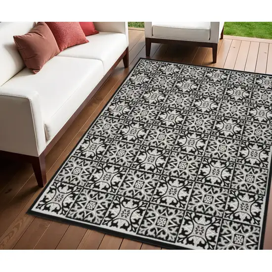 Black And White Fleur De Lis Stain Resistant Non Skid Area Rug Photo 1