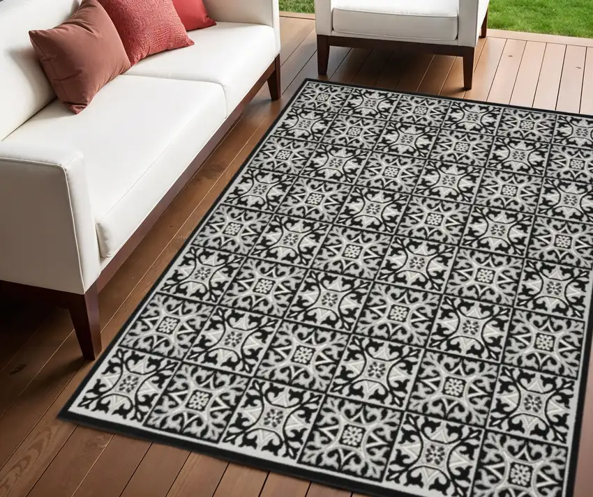 Black And White Fleur De Lis Stain Resistant Non Skid Area Rug Photo 1