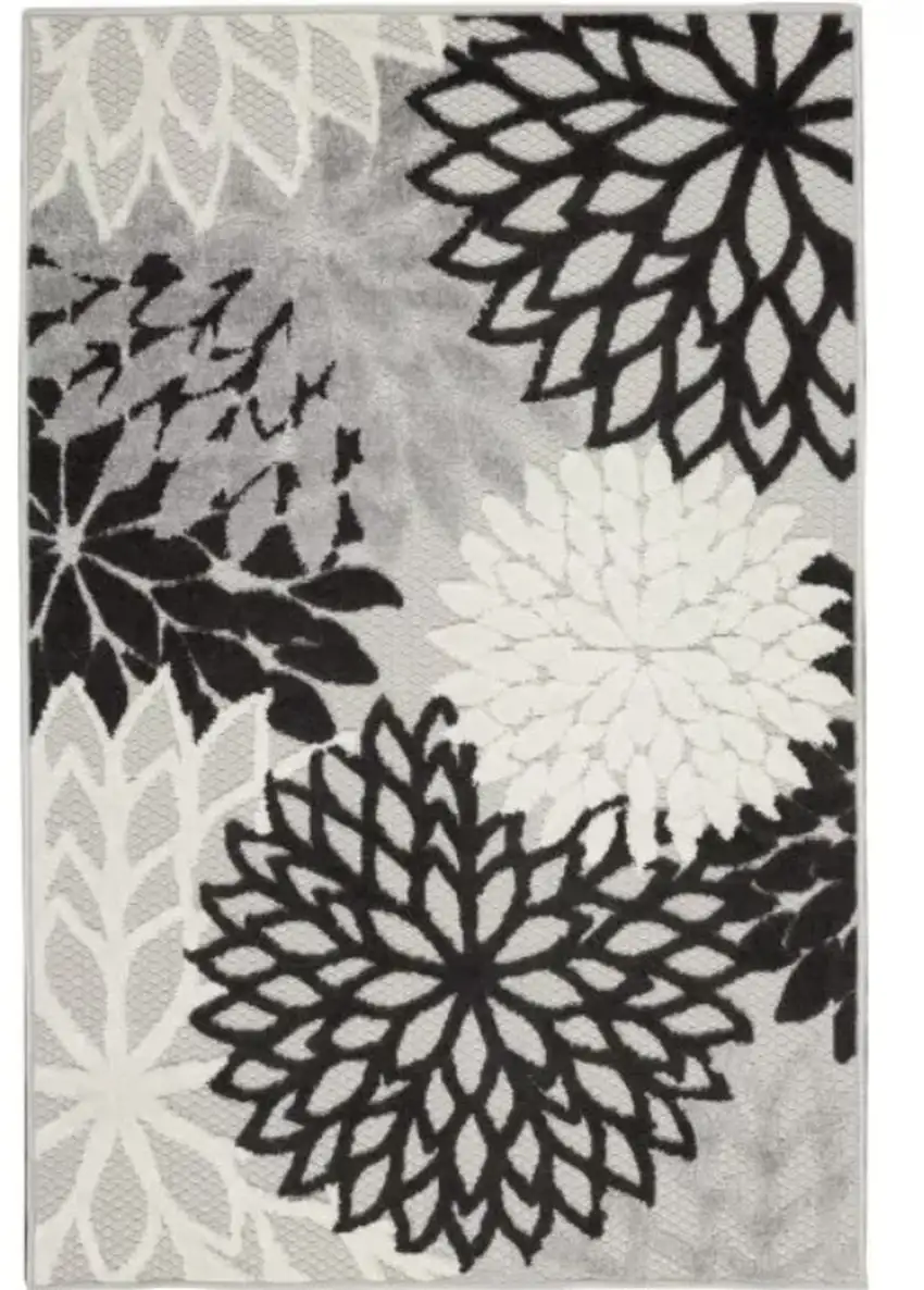 Black And White Floral Non Skid Indoor Outdoor Area Rug Photo 1