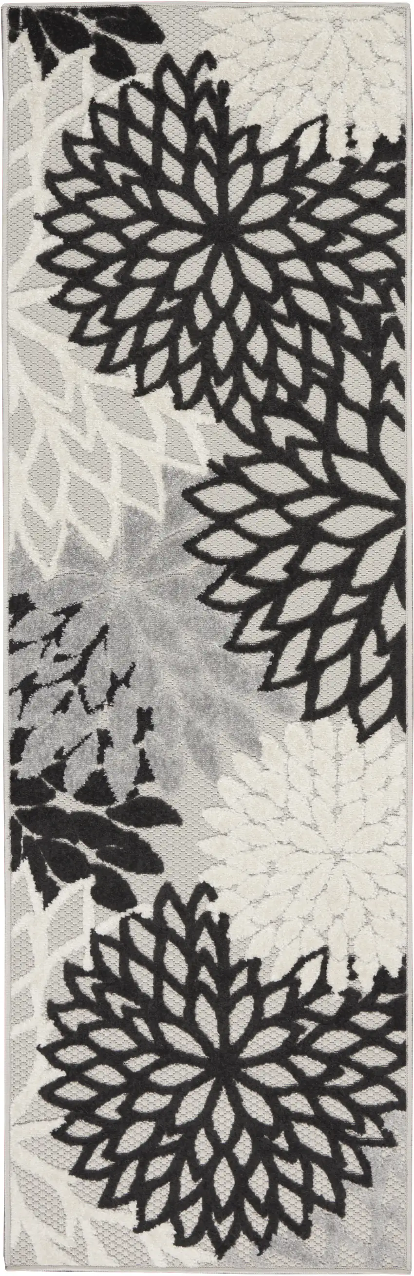 Black And White Floral Non Skid Indoor Outdoor Runner Rug Photo 1