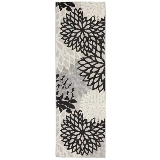 Black And White Floral Non Skid Indoor Outdoor Runner Rug Photo 1