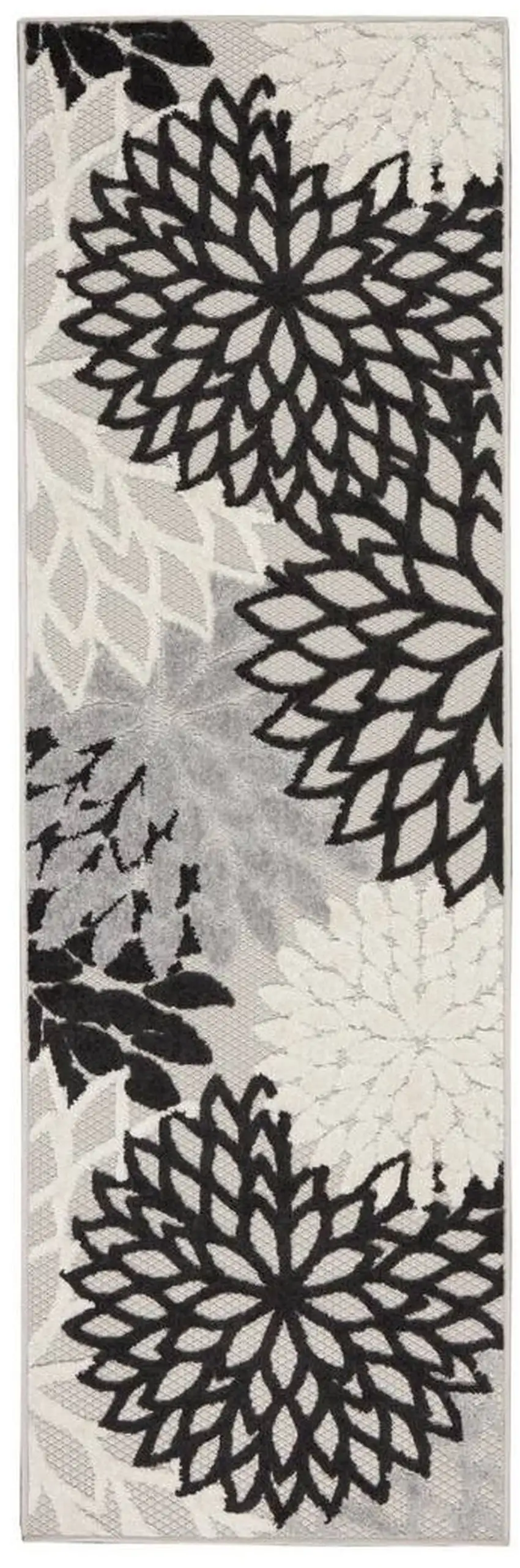Black And White Floral Non Skid Indoor Outdoor Runner Rug Photo 1