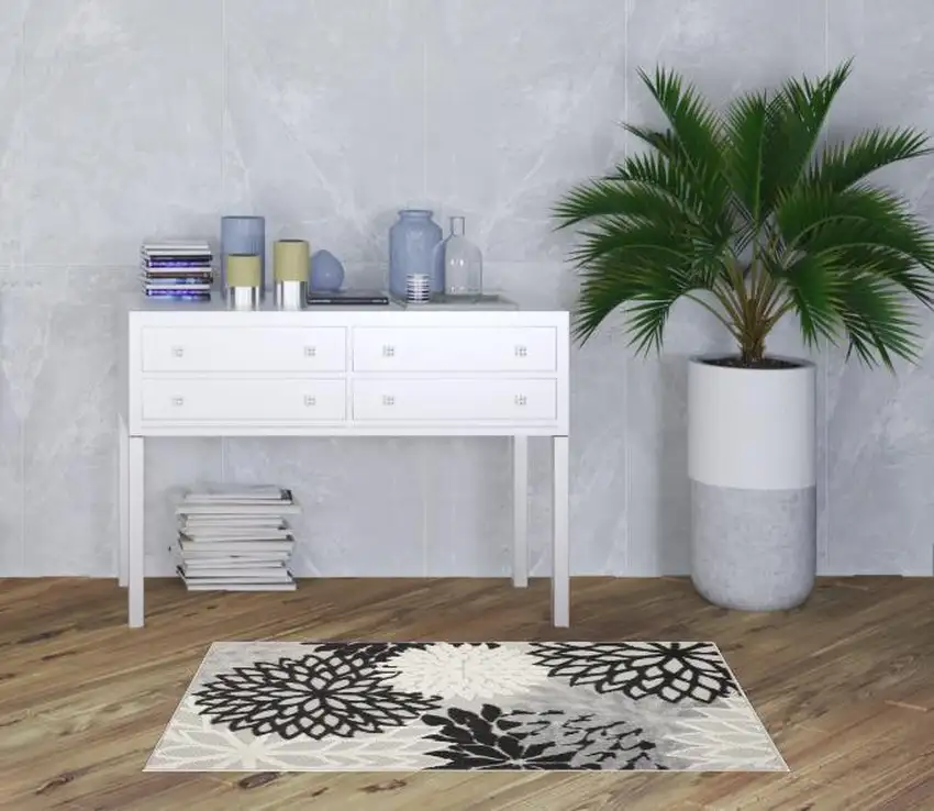 Black And White Floral Power Loom Area Rug Photo 8