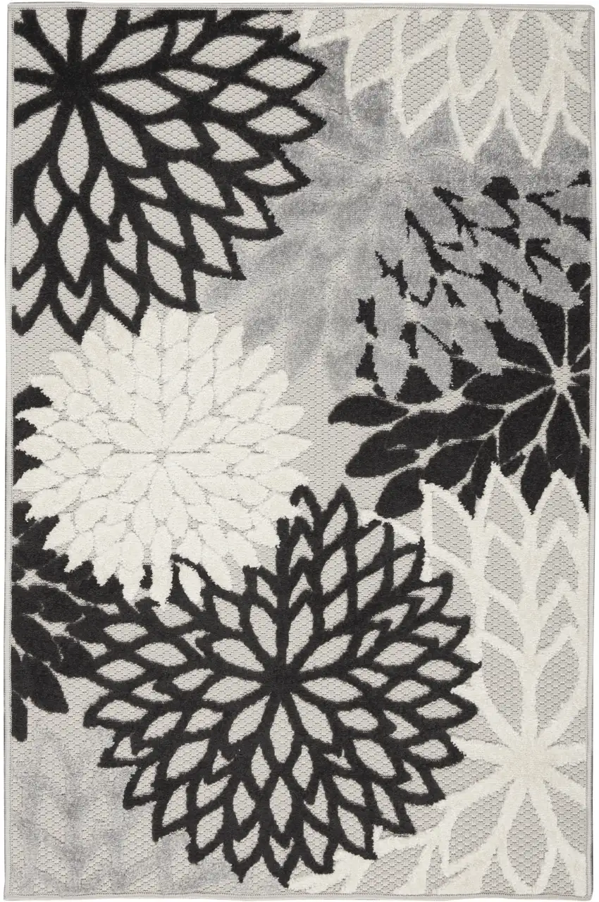 Black And White Floral Power Loom Area Rug Photo 3