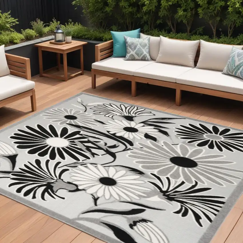 Black And White Floral Stain Resistant Non Skid Area Rug Photo 1