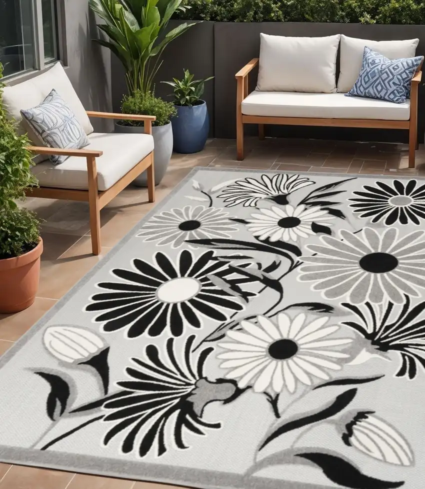 Black And White Floral Stain Resistant Non Skid Area Rug Photo 1