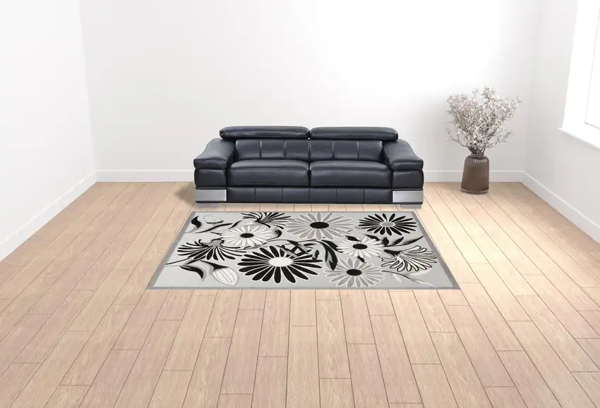 Black And White Floral Stain Resistant Non Skid Area Rug Photo 2