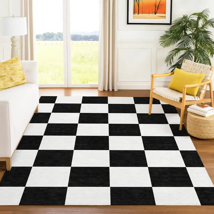 Black And White Geometric Washable Indoor Outdoor Area Rug Photo 9