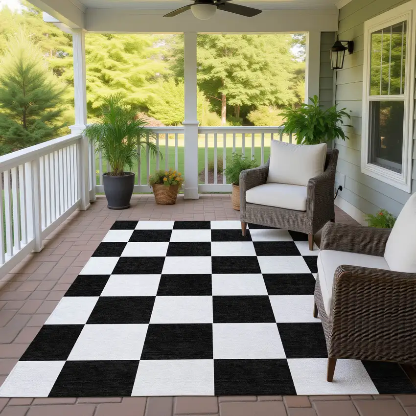 Black And White Geometric Washable Indoor Outdoor Area Rug Photo 9