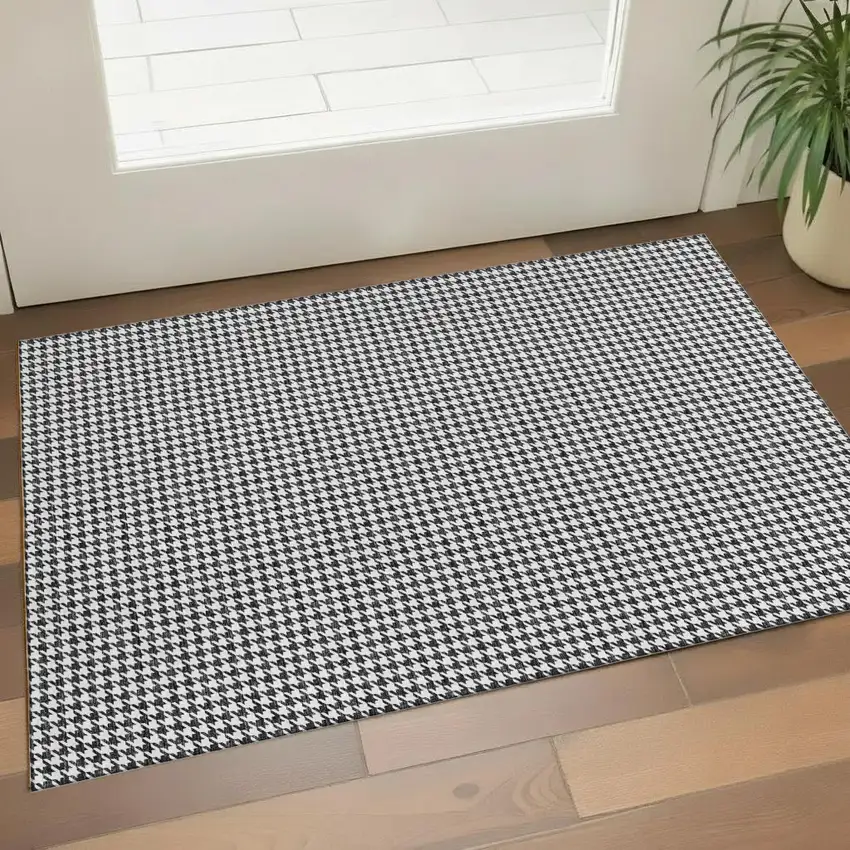 Black And White Houndstooth Washable Area Rug With UV Protection Photo 1