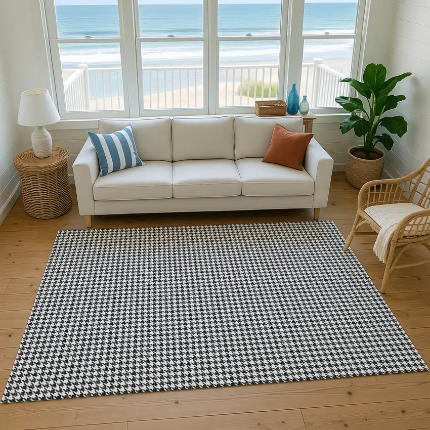 Black And White Houndstooth Washable Area Rug With UV Protection Photo 5