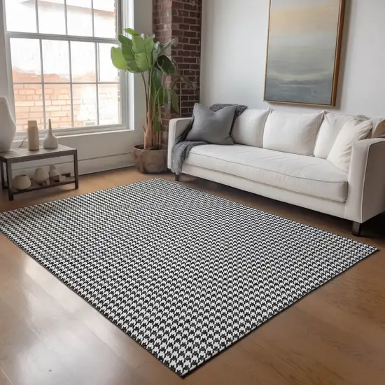 Black And White Houndstooth Washable Area Rug With UV Protection Photo 4