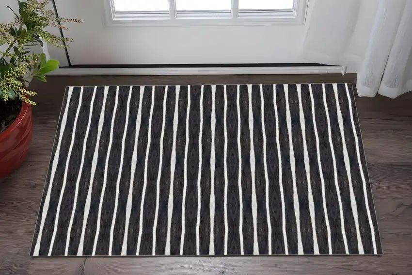 Black And White Modern Stripe Printed Vinyl Area Rug with UV Protection Photo 1