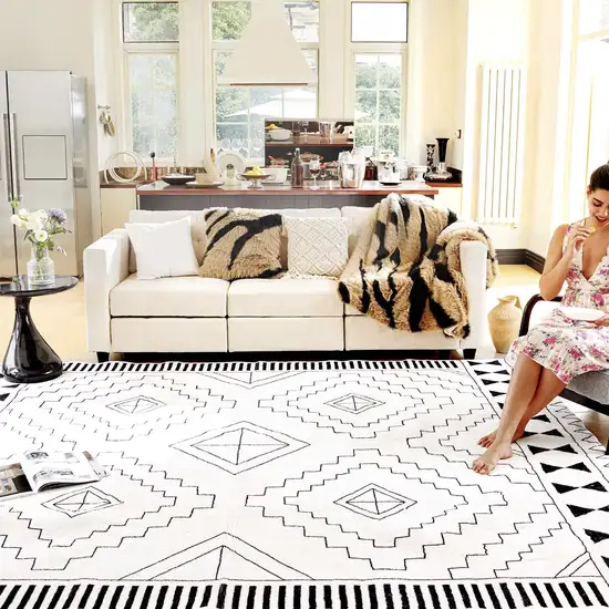 Black And White Moroccan Washable Area Rug Photo 4
