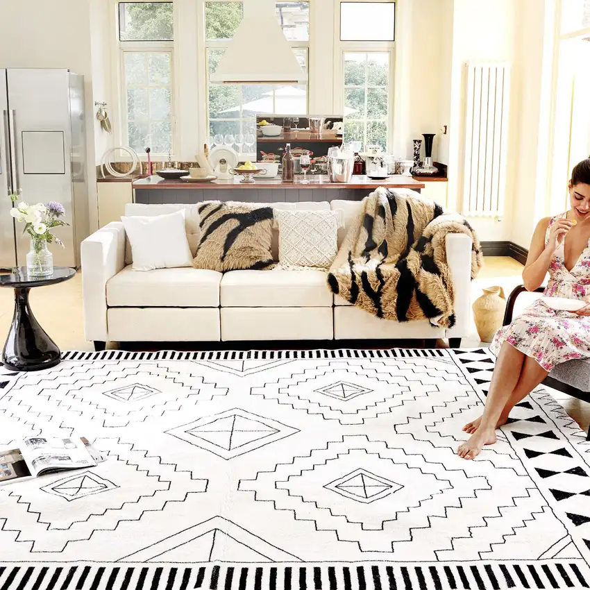 Black And White Moroccan Washable Area Rug Photo 4
