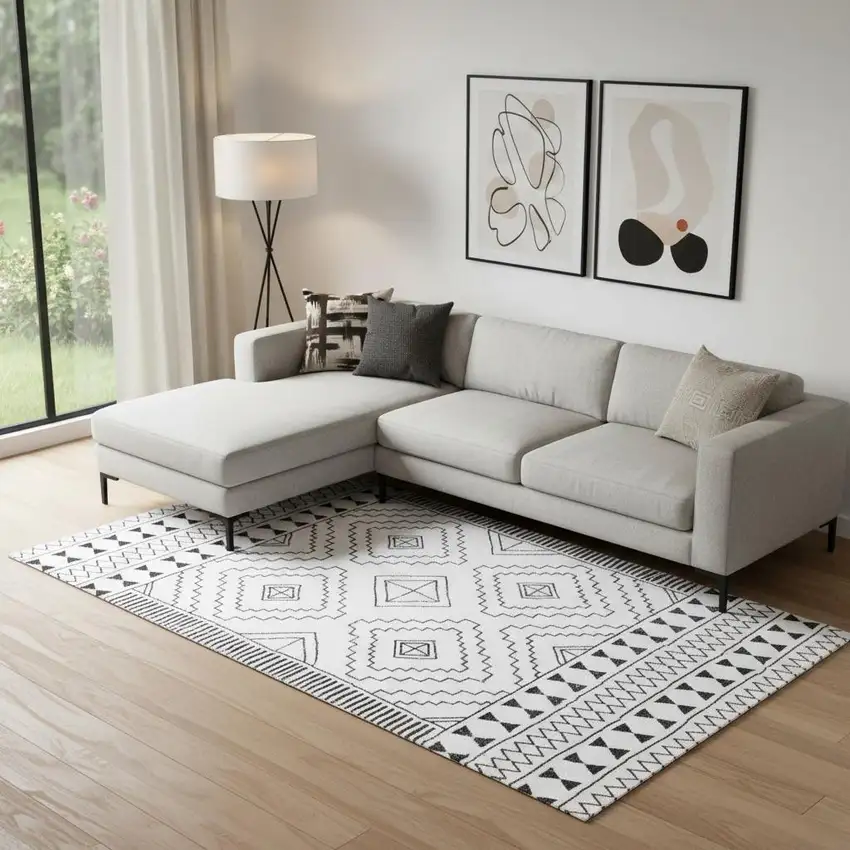 Black And White Moroccan Washable Area Rug Photo 1