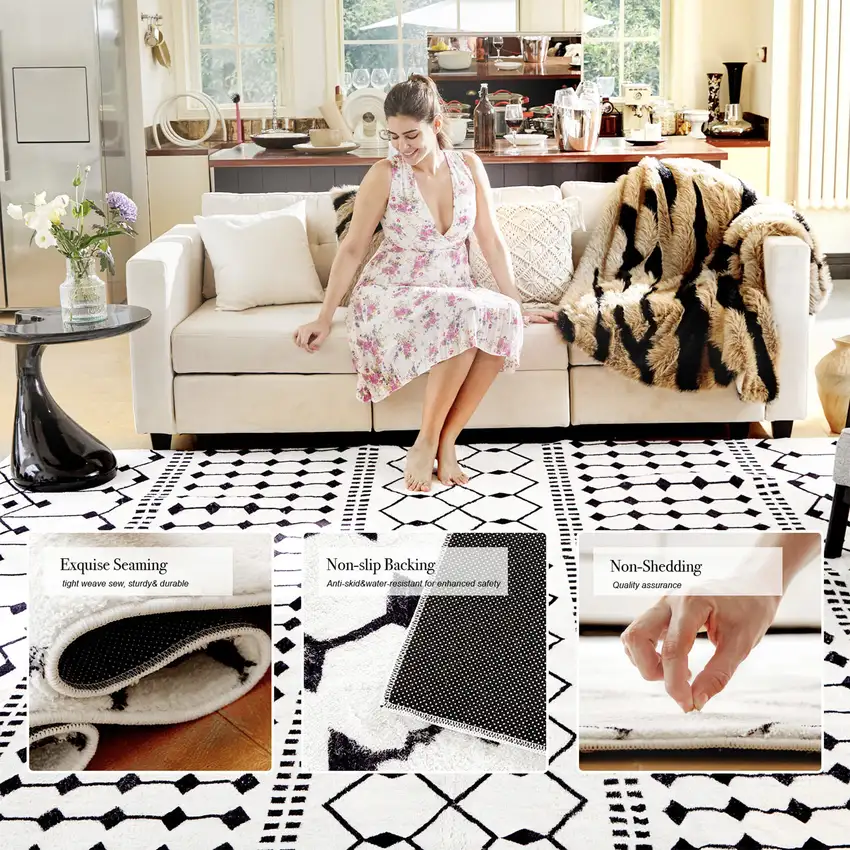 Black And White Moroccan Washable Area Rug Photo 7