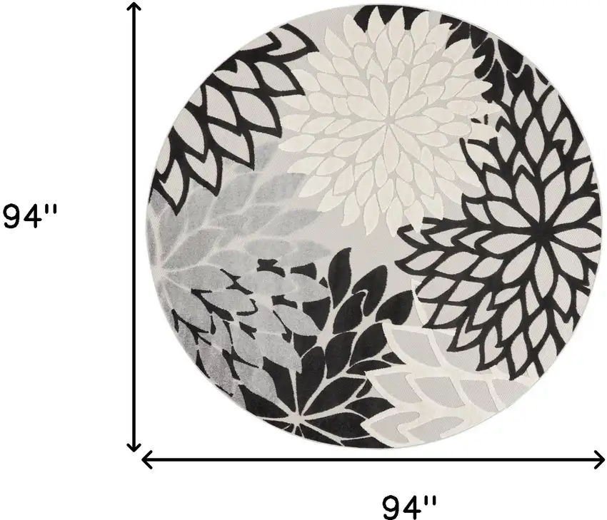 Black And White Round Floral Non Skid Indoor Outdoor Area Rug Photo 5