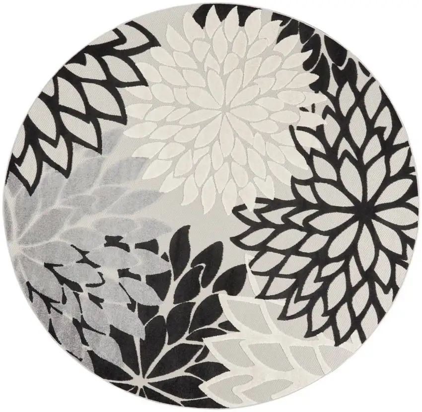 Black And White Round Floral Non Skid Indoor Outdoor Area Rug Photo 1