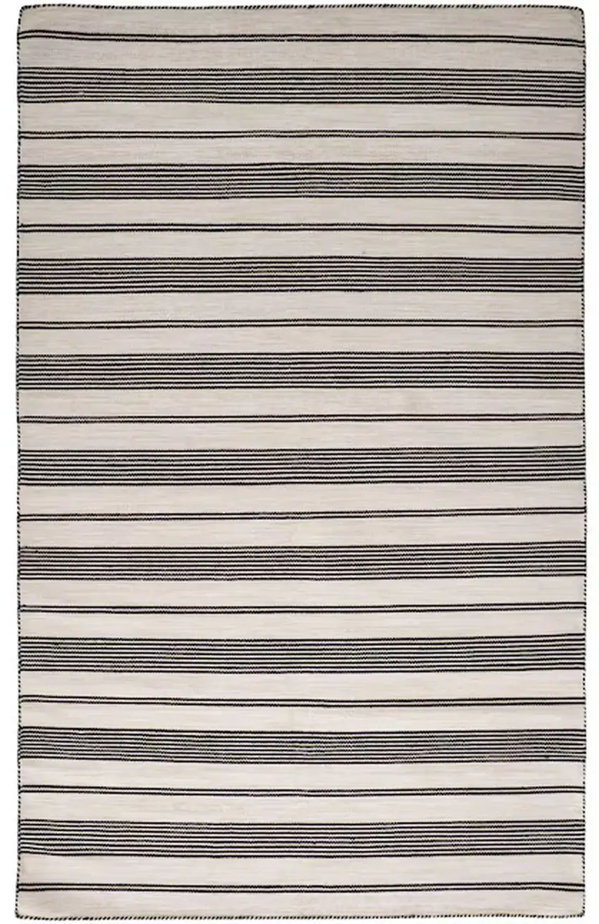 Black And White Striped Dhurrie Hand Woven Stain Resistant Area Rug Photo 2
