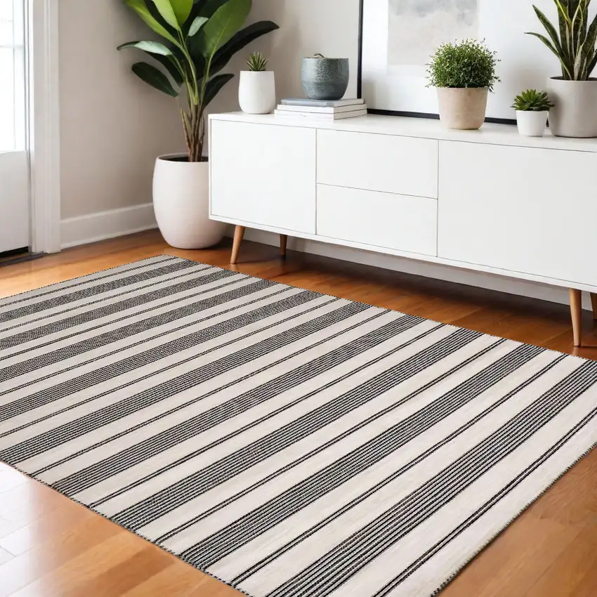 Black And White Striped Dhurrie Hand Woven Stain Resistant Area Rug Photo 1