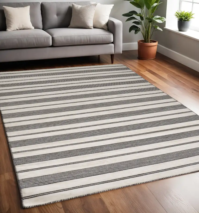 Black And White Striped Dhurrie Hand Woven Stain Resistant Area Rug Photo 1