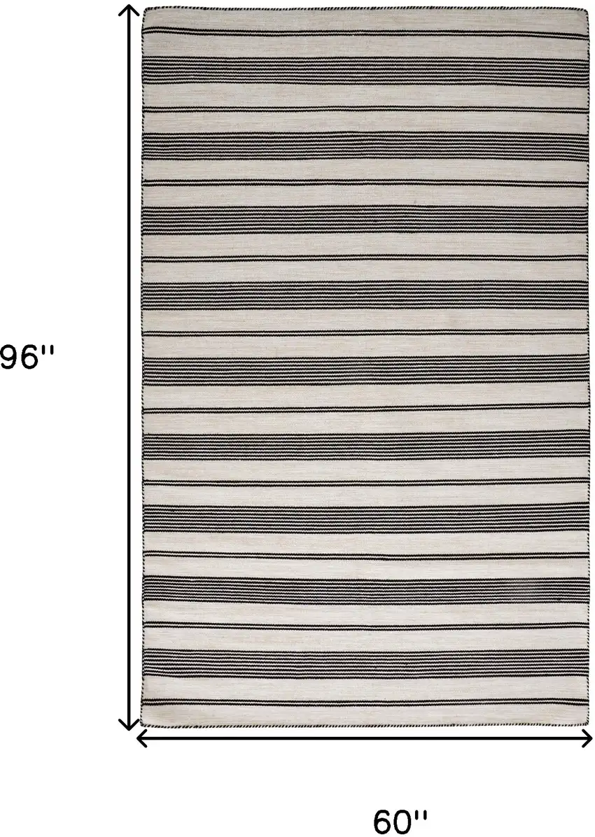 Black And White Striped Dhurrie Hand Woven Stain Resistant Area Rug Photo 3