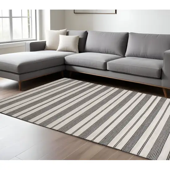 Black And White Striped Dhurrie Hand Woven Stain Resistant Area Rug Photo 1