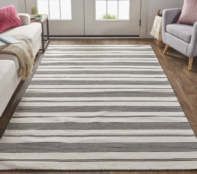 Black And White Striped Dhurrie Hand Woven Stain Resistant Area Rug Photo 4