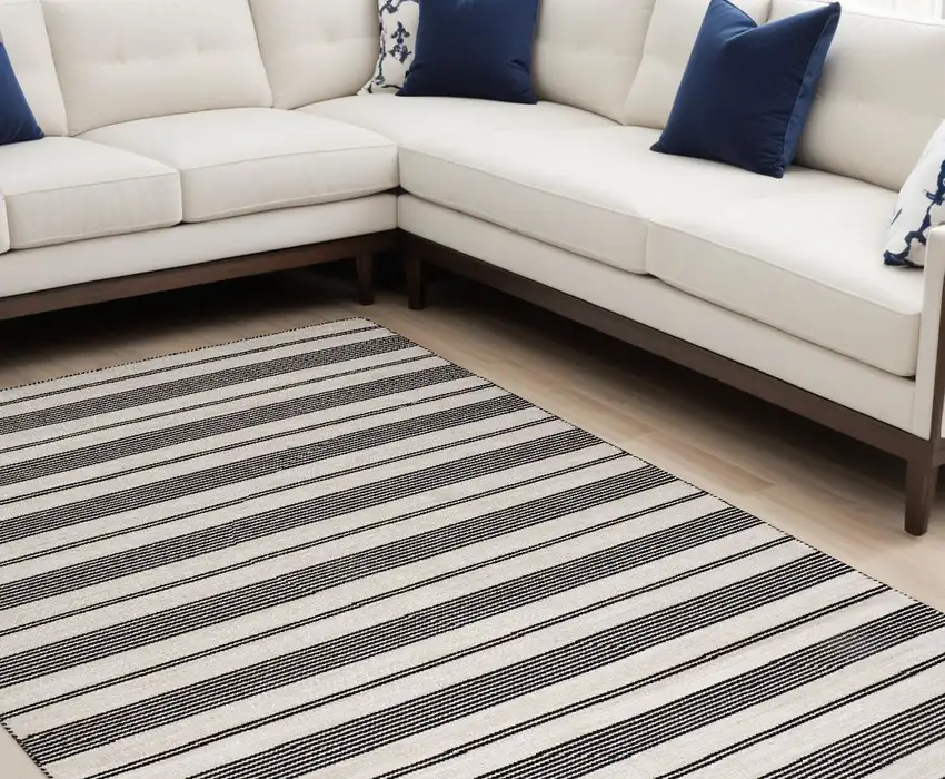 Black And White Striped Dhurrie Hand Woven Stain Resistant Area Rug Photo 2