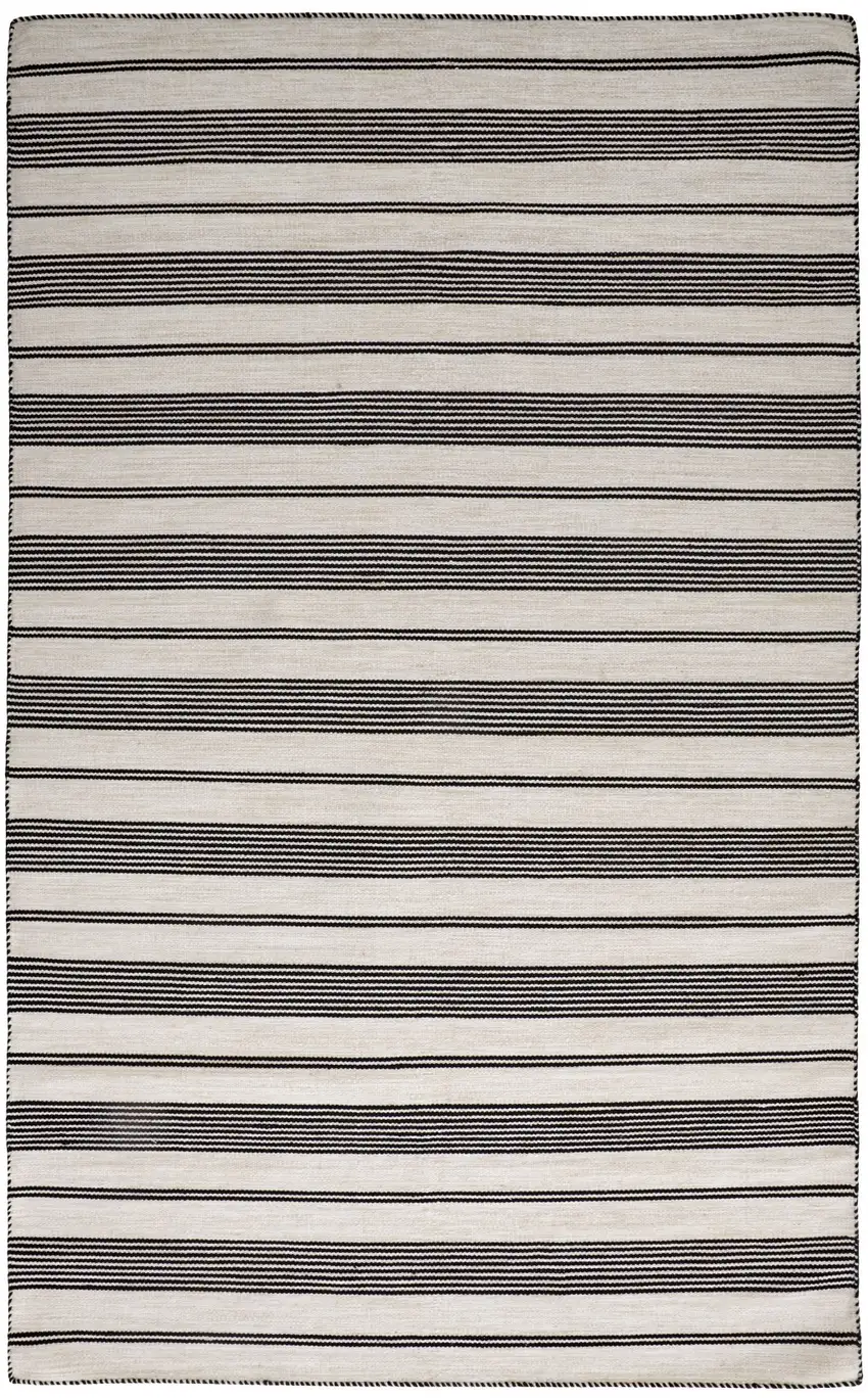 Black And White Striped Dhurrie Hand Woven Stain Resistant Area Rug Photo 4