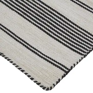 Photo of Black And White Striped Dhurrie Hand Woven Stain Resistant Area Rug