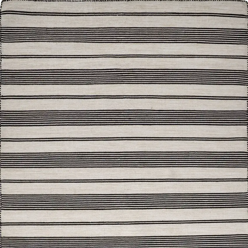 Black And White Striped Dhurrie Hand Woven Stain Resistant Area Rug Photo 6