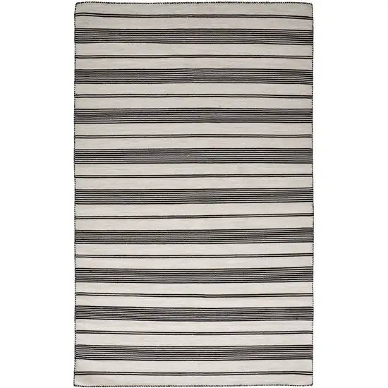 Black And White Striped Dhurrie Hand Woven Stain Resistant Area Rug Photo 4