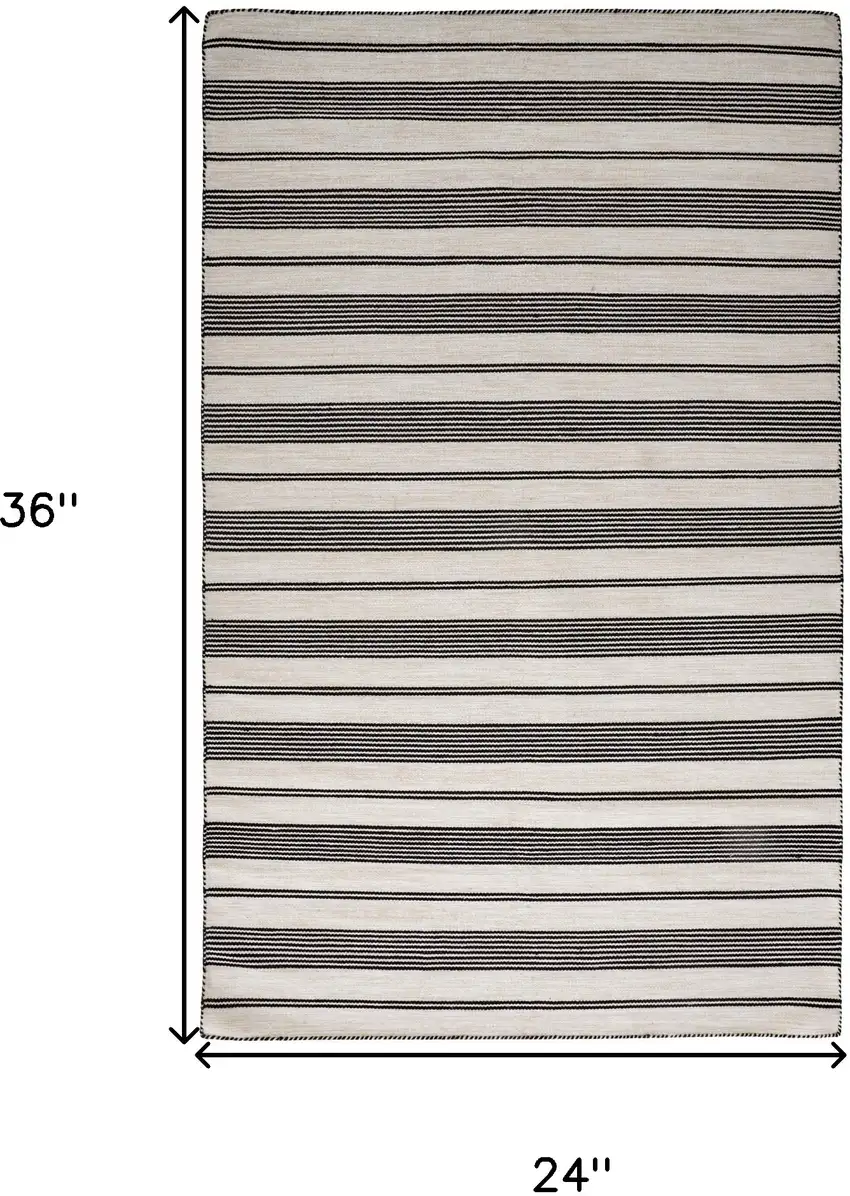 Black And White Striped Dhurrie Hand Woven Stain Resistant Area Rug Photo 3