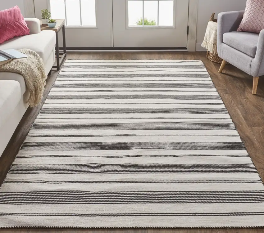 Black And White Striped Dhurrie Hand Woven Stain Resistant Area Rug Photo 6