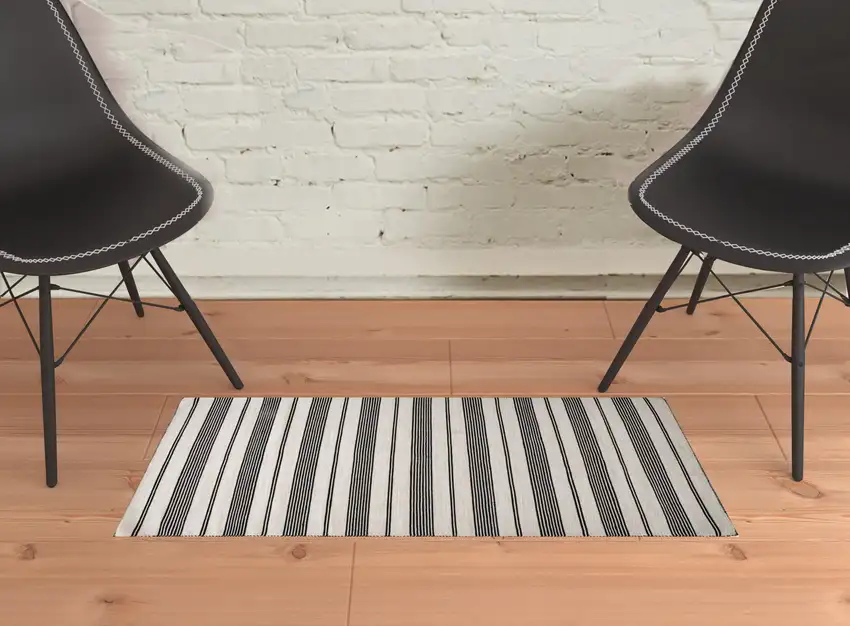 Black And White Striped Dhurrie Hand Woven Stain Resistant Area Rug Photo 2