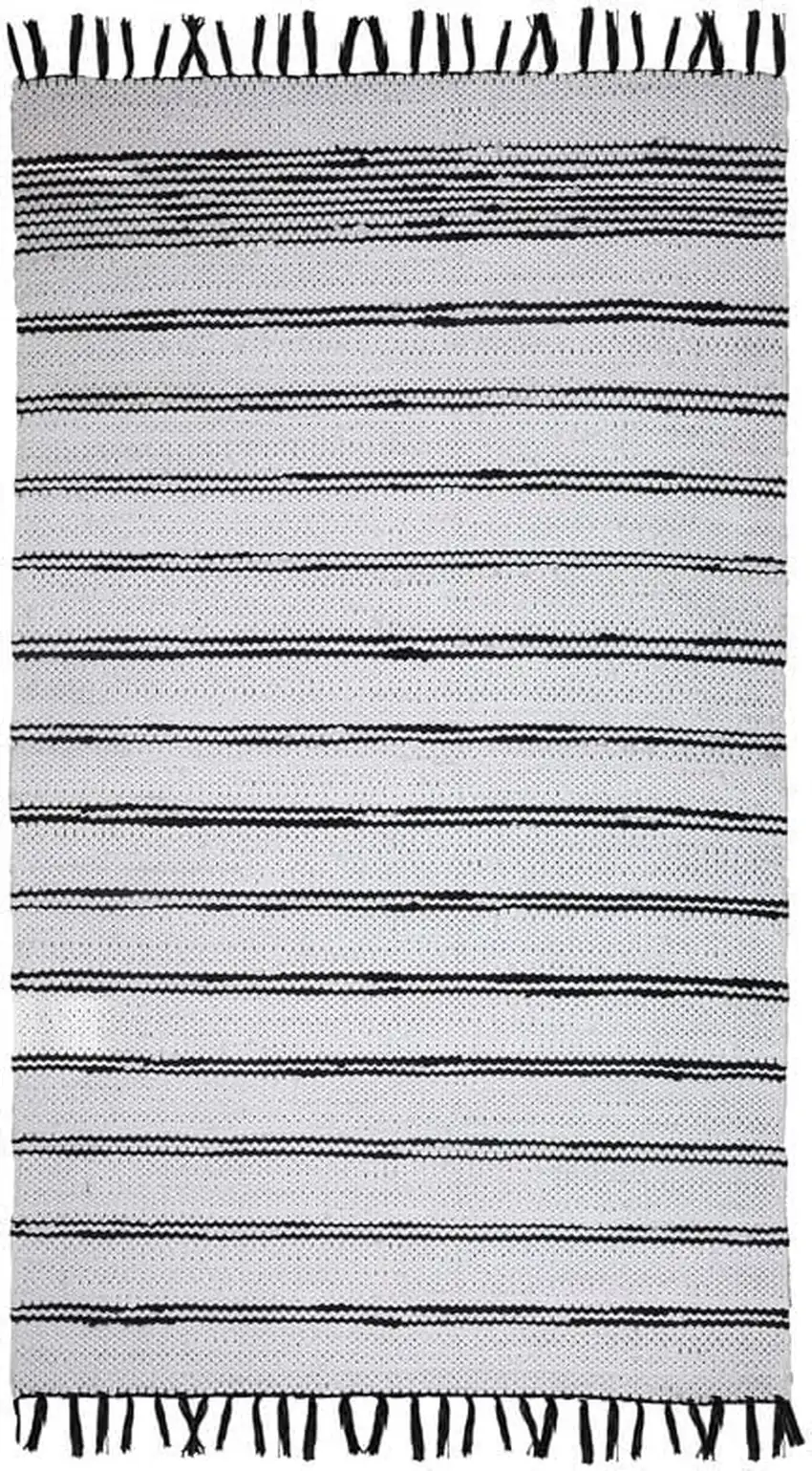 Black And White Striped Hand Woven Washable Area Rug With Fringe Photo 3