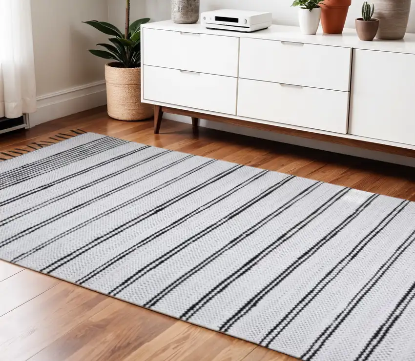 Black And White Striped Hand Woven Washable Area Rug With Fringe Photo 1