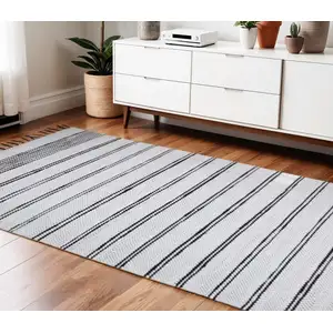 Photo of Black And White Striped Hand Woven Washable Area Rug With Fringe
