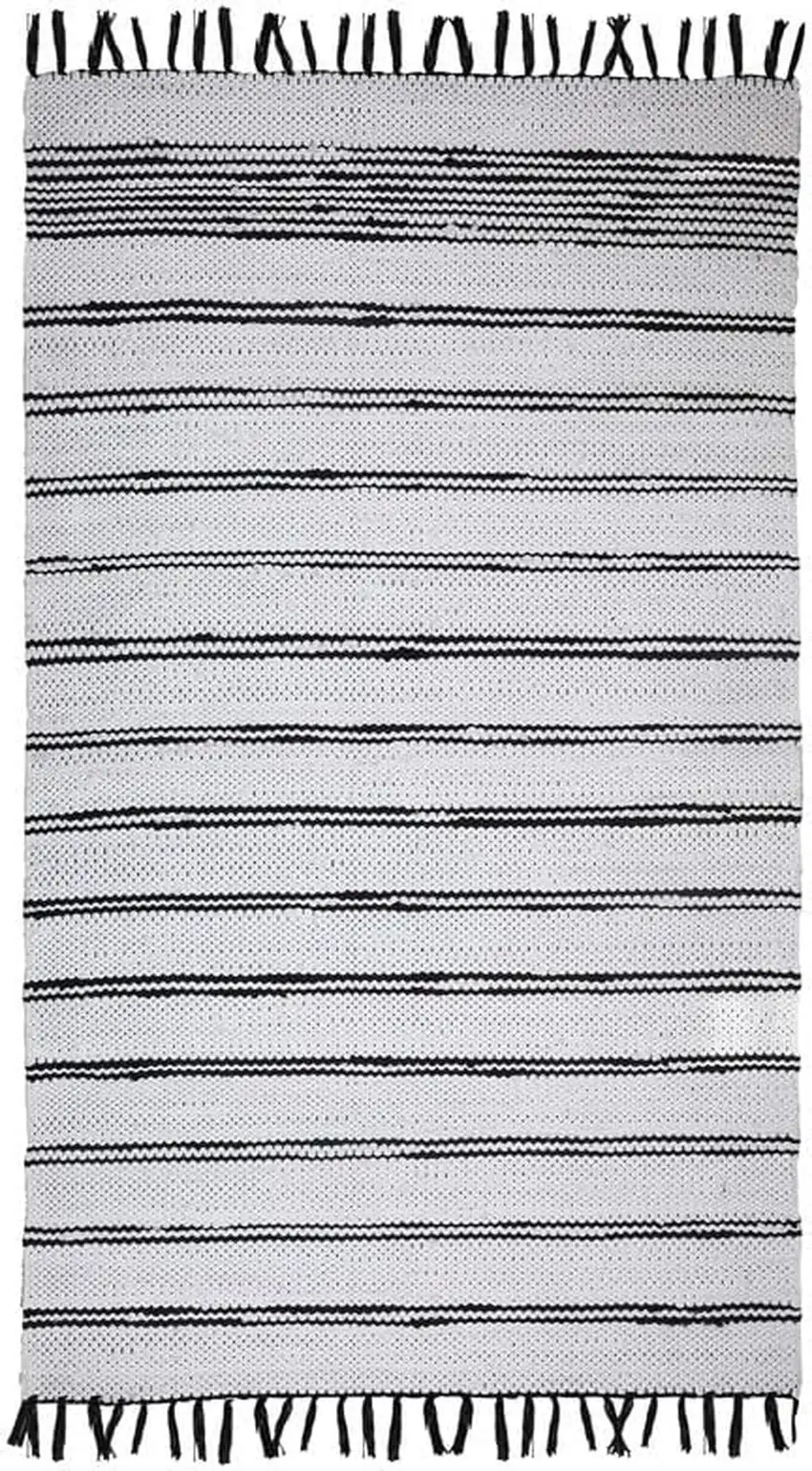 Black And White Striped Hand Woven Washable Area Rug With Fringe Photo 2