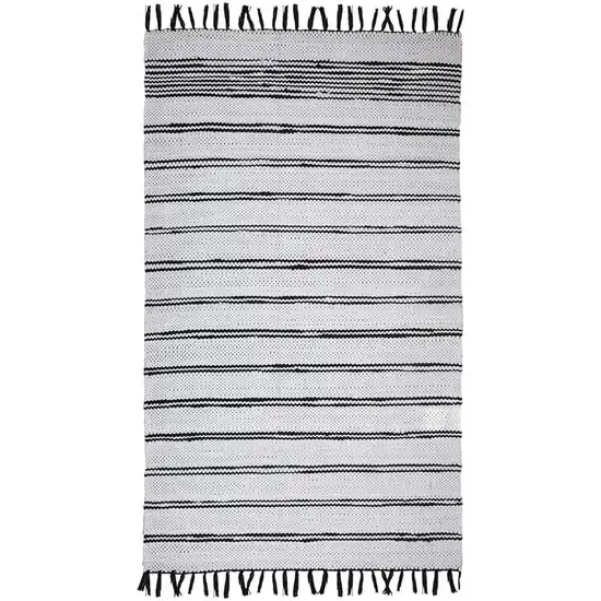 Black And White Striped Hand Woven Washable Area Rug With Fringe Photo 2
