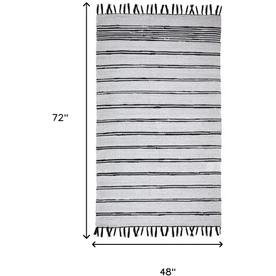 Black And White Striped Hand Woven Washable Area Rug With Fringe Photo 5