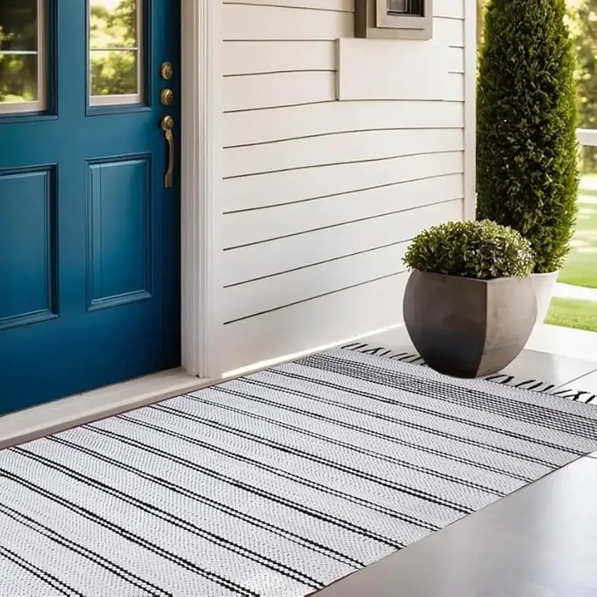 Black And White Striped Hand Woven Washable Area Rug With Fringe Photo 4