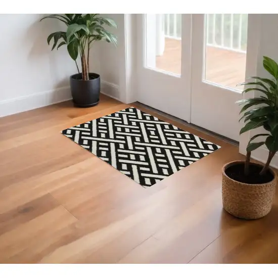 Black And White Trellis Washable Area Rug With UV Protection Photo 1