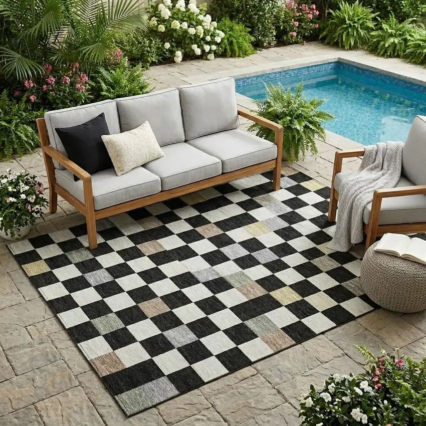 Black And Yellow Geometric Washable Indoor Outdoor Area Rug Photo 1